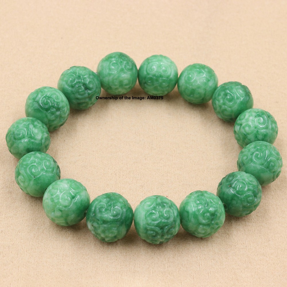 NEW Chinese Green Jade Bracelet 13.5mm Round Bead Elastic Bracelet 17-18cm