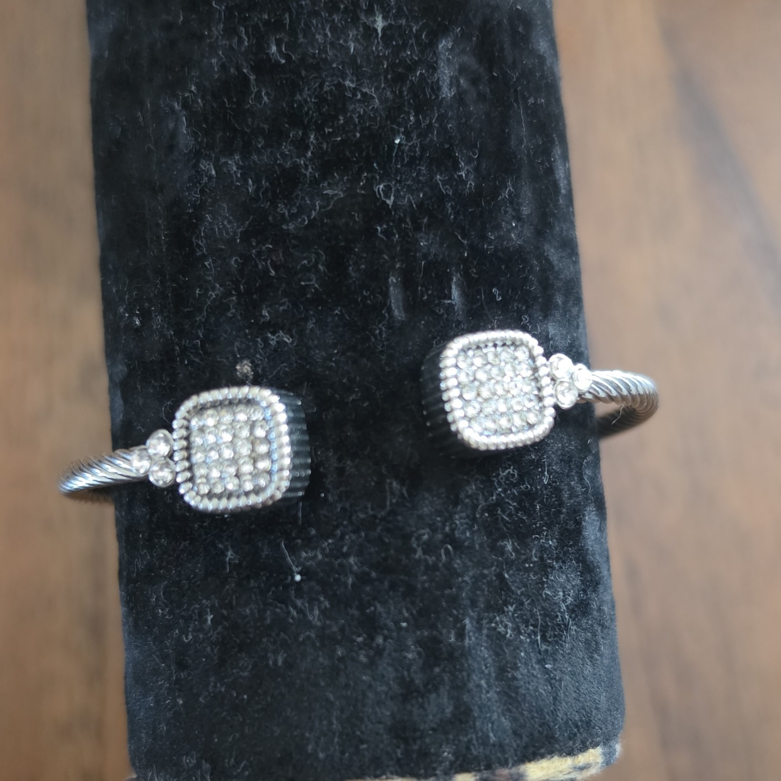 Silver Tone Rope Cuff Bracelet Open Pavé Square White Crystal Ends Sizable