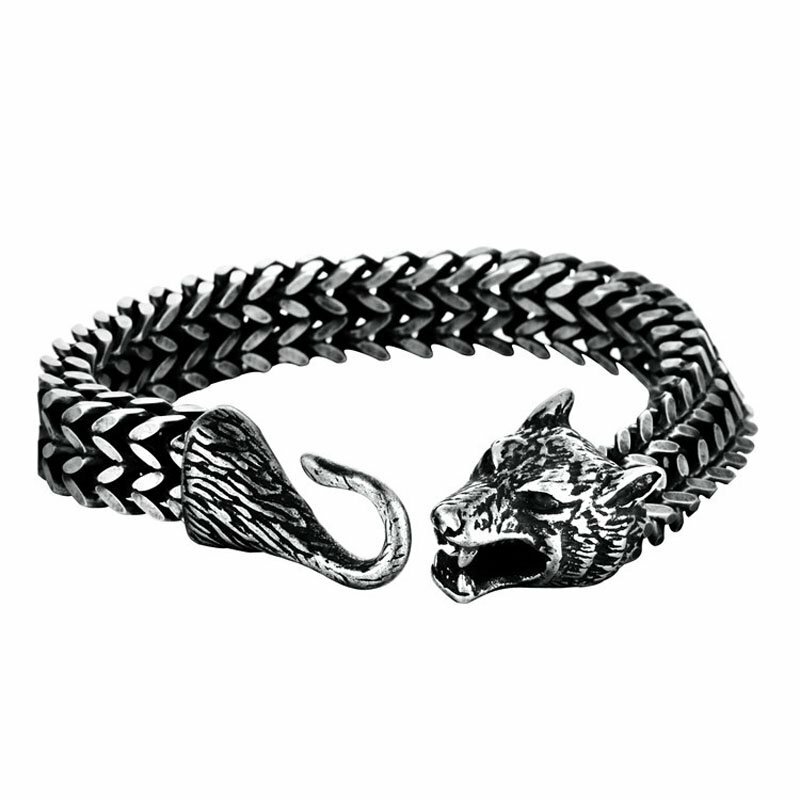 MENDEL 8 Inch Mens Black Stainless Steel Viking Fenrir Wolf Head Bracelet Men