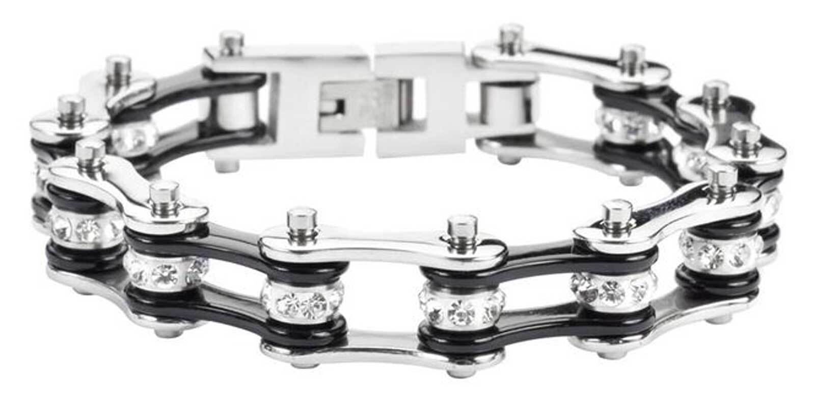 Heavy Metal Women’s Silver Crystal Two Tone Motorcycle Bike Chain Bracelet