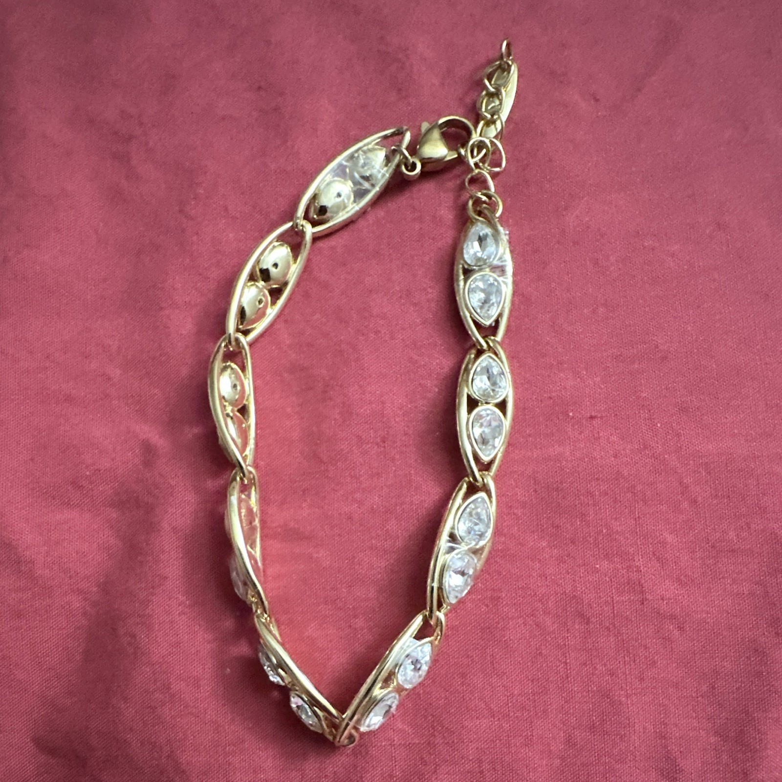 Gold Tone Crystal Link Chain Bracelet with Lobster Clasp, White/Colorless