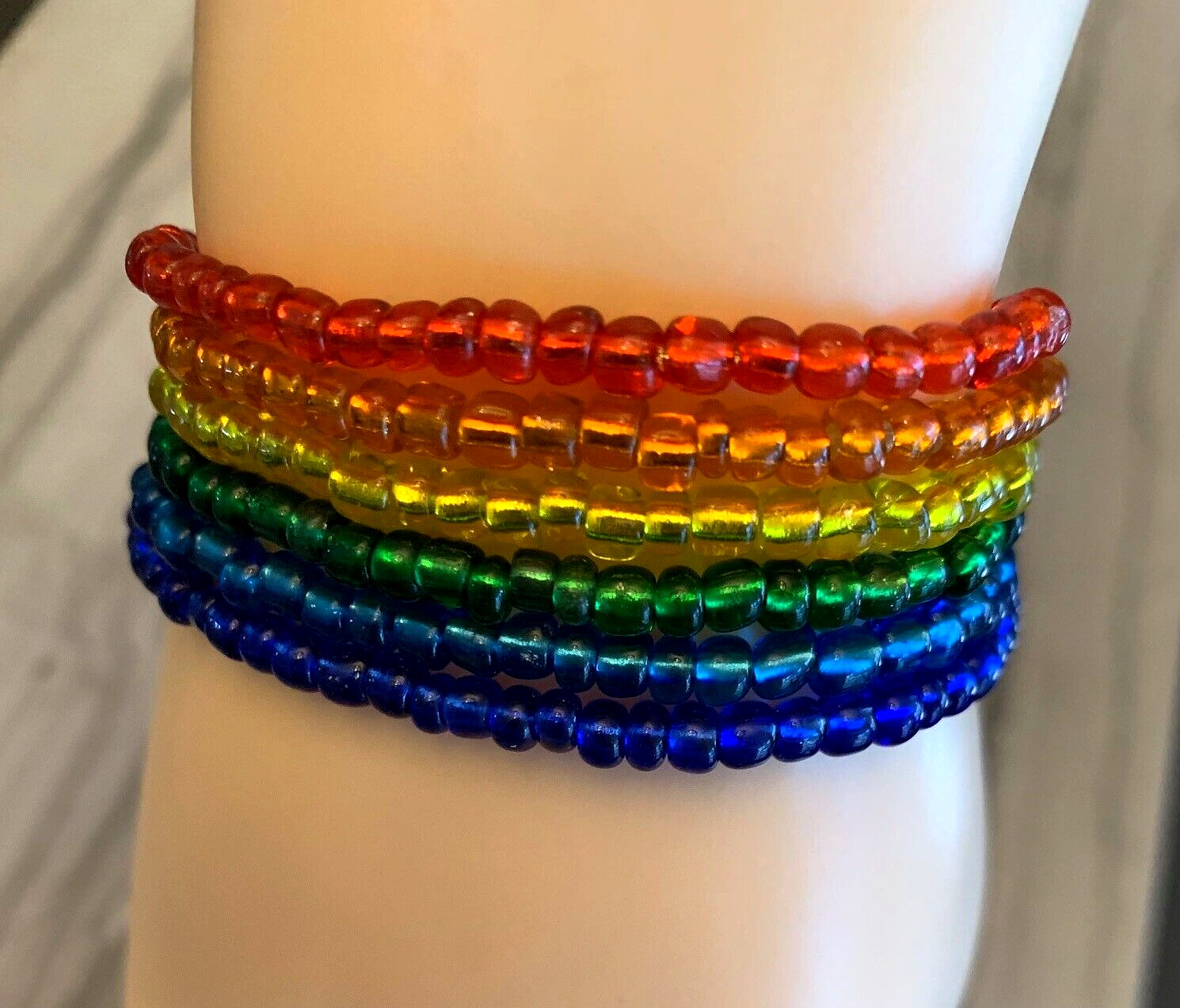 Rainbow Silver Lined Seed Bead Stretch Bracelets Red Blue Green Yellow Set of 6