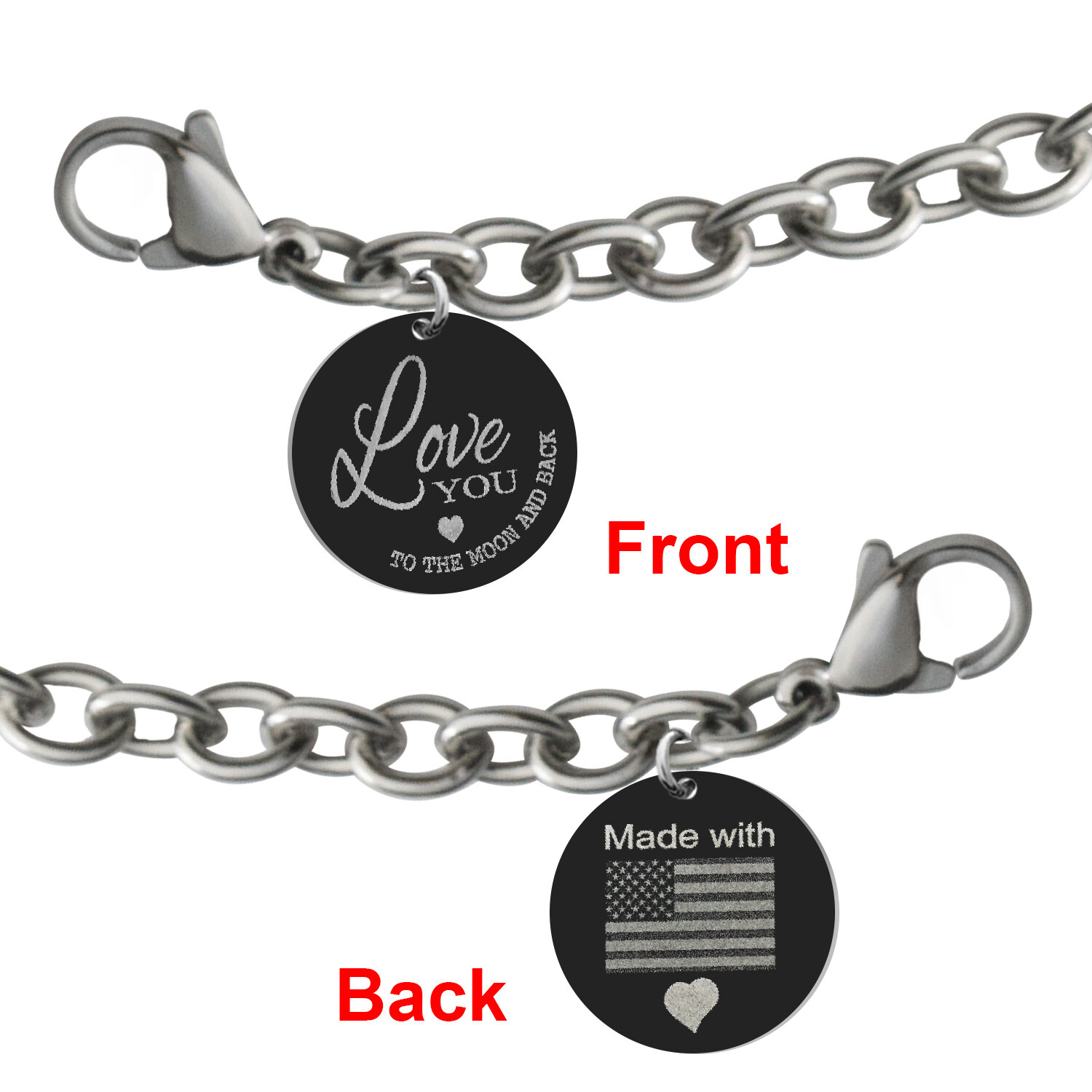 True Love Personalize Engrave Photo or Text Round Tag Adjustable Chain Bracelet