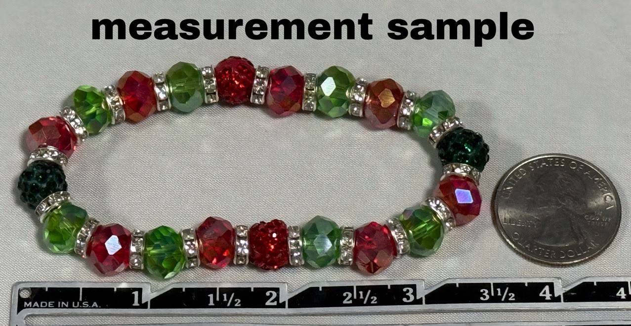 STRETCH BRACELET FESTIVE BEADS RED & GREEN CRYSTAL RONDELLES SILVER-TONE SPACERS