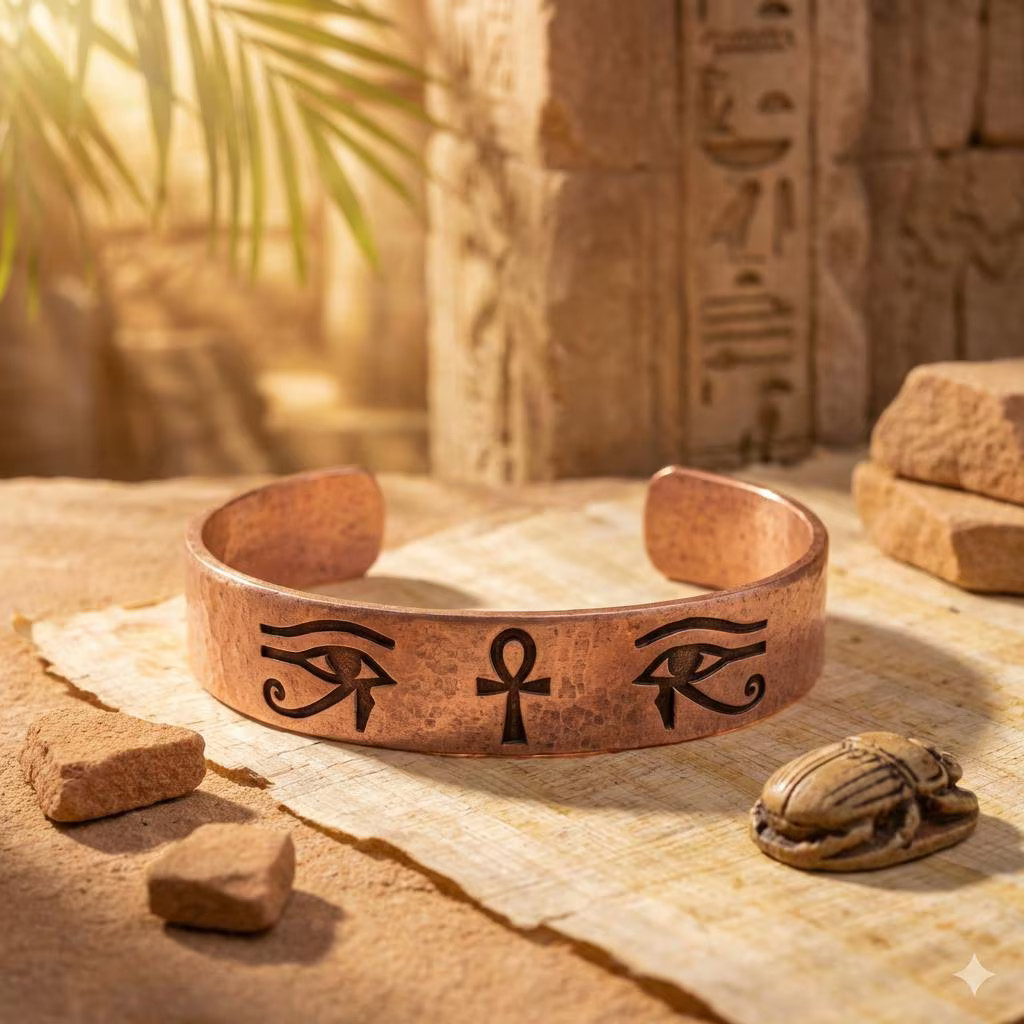 Pure Copper Spiritual Ankh & Eye of Horus Cuff – Handmade Boho Gift