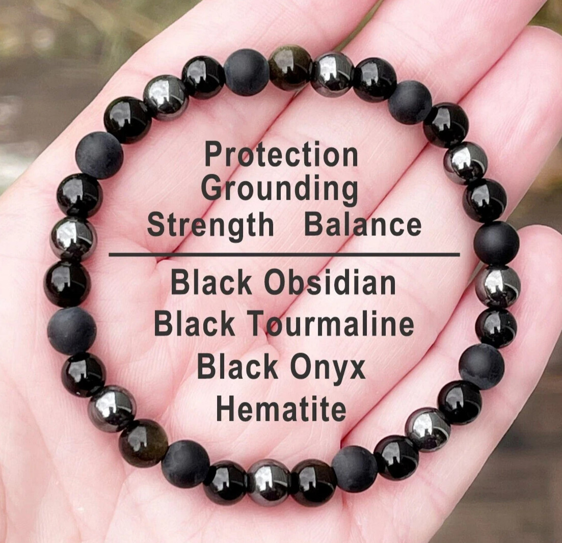 Triple Protection Stone Bracelet 6mm Black Onyx Tourmaline Obsidian Bracelet