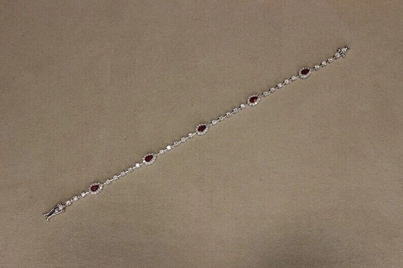 14K White Gold Plated 2Ct Pear Cut Simulated Ruby & Diamond Tennis Bracelet