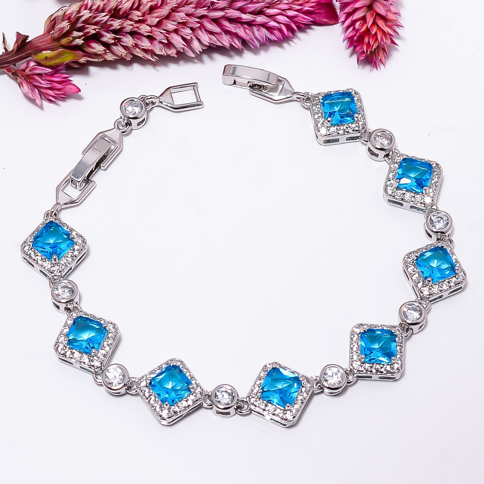 Blue Topaz, CZ 925 Sterling Silver Adjustable Bracelet 7-8″ B141130