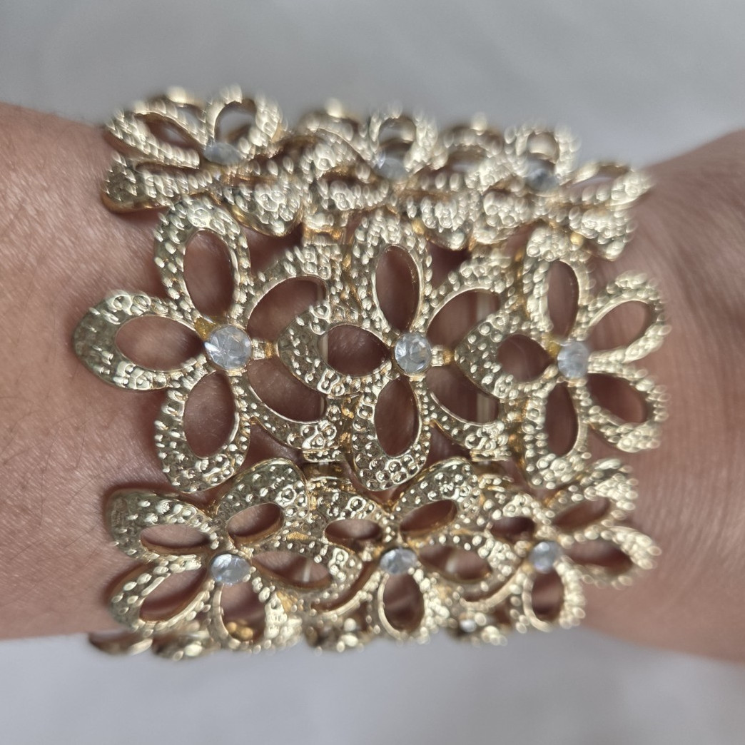 Charming Charlie Gold Tone Floral Rhinestone Crystal Wide Cuff Bracelet