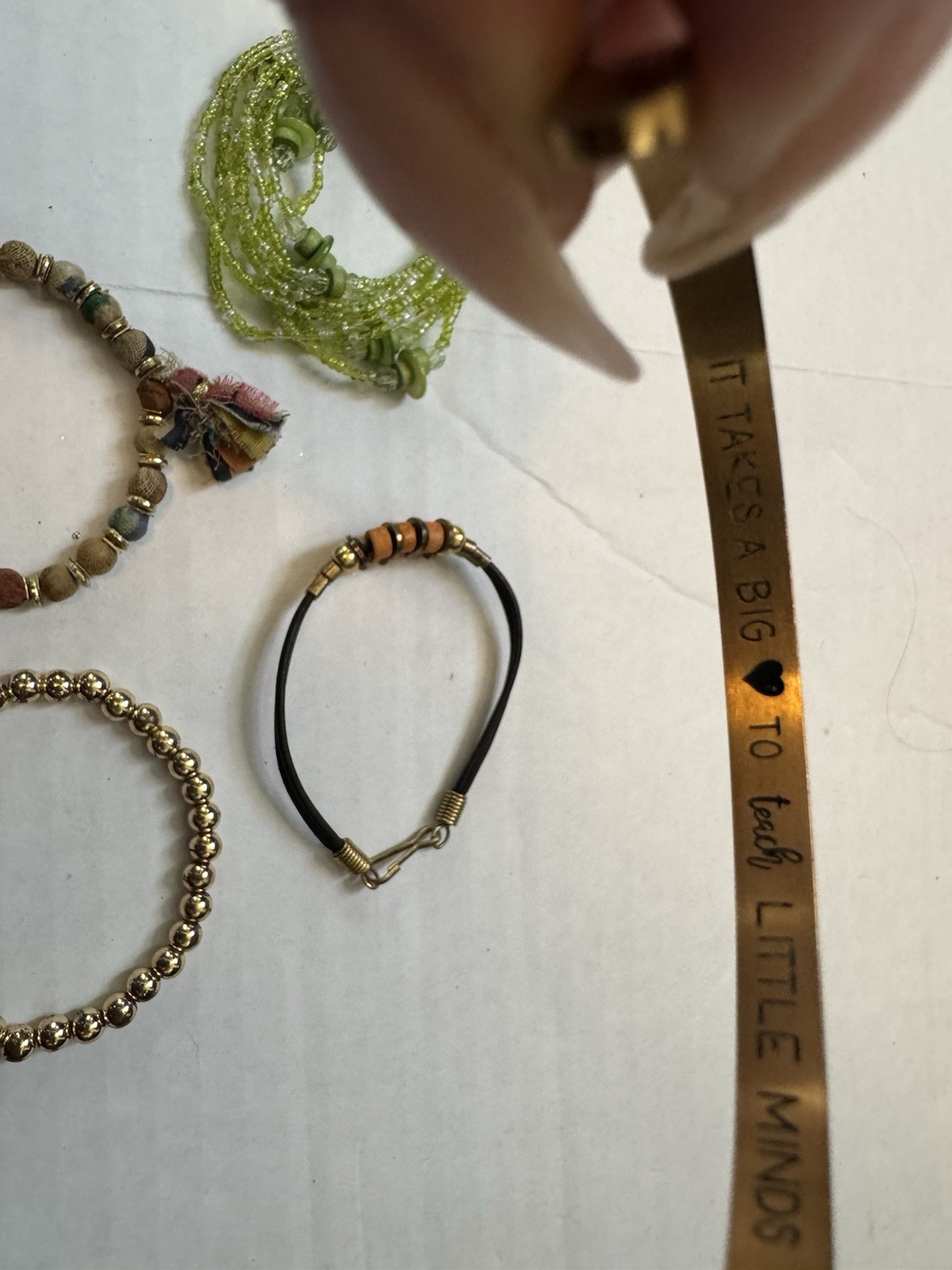 Lot Of 5 Bracelets In Green/gold/tan Inspirational Quote Beaded