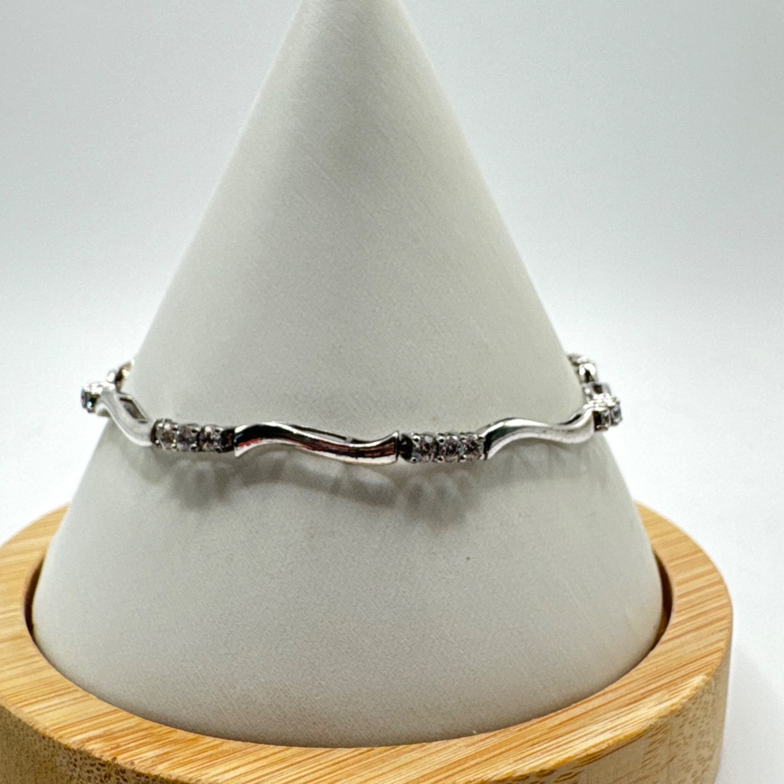 Vintage 925 Sterling Silver Wave Link Bracelet 3-Stone Cluster Clear CZ Accents