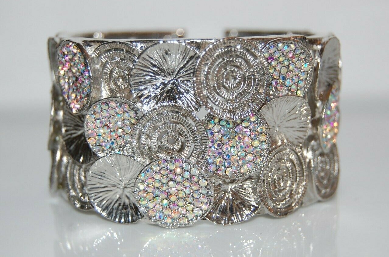ELEGANT COUTURE SILVER TONE & RAINBOW RHINESTONES MODERN DESIGN LG CUFF BRACELET