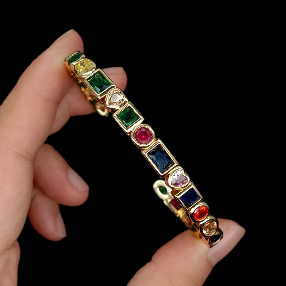 Rainbow Rectangle Cubic Zirconia Yellow Gold Color Fashion Women Bangle Bracelet