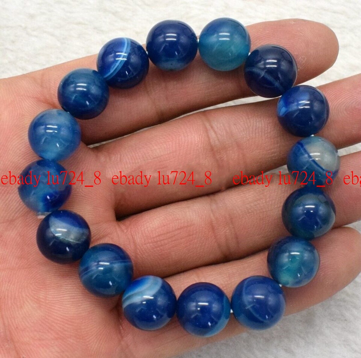 6-14mm Natural Fashion Blue Striped Agate Round Gems Beads Elastic Bracelet 7.5″
