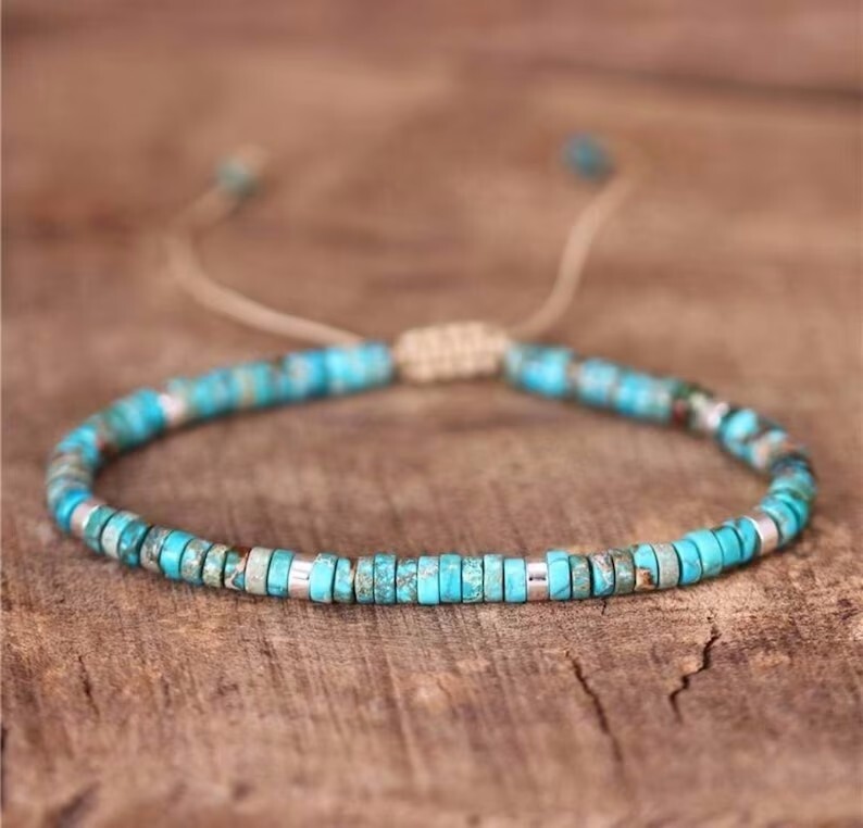 Blue Turquoise 4mm Beads Healing Protection Dainty Minimalist Bracelet Gifts