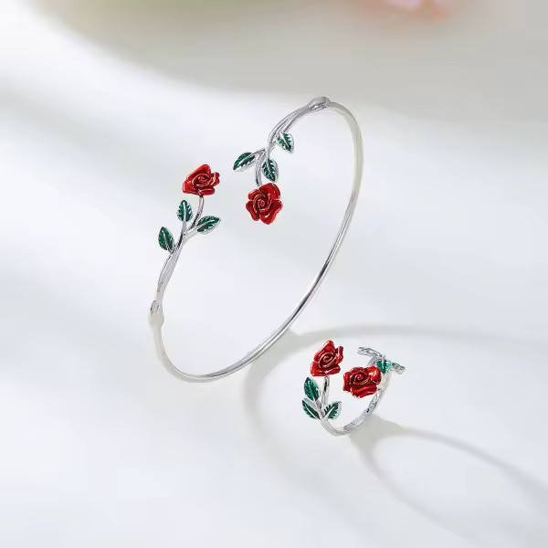 Floral Bracelet & Ring Set Gold & Silver Tone Enamel Open Cuff Women