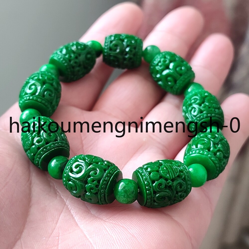 16mm Natural Green Burma Jade jadeite Hand-carved 吉祥如意 Beads Bracelet 7.5″