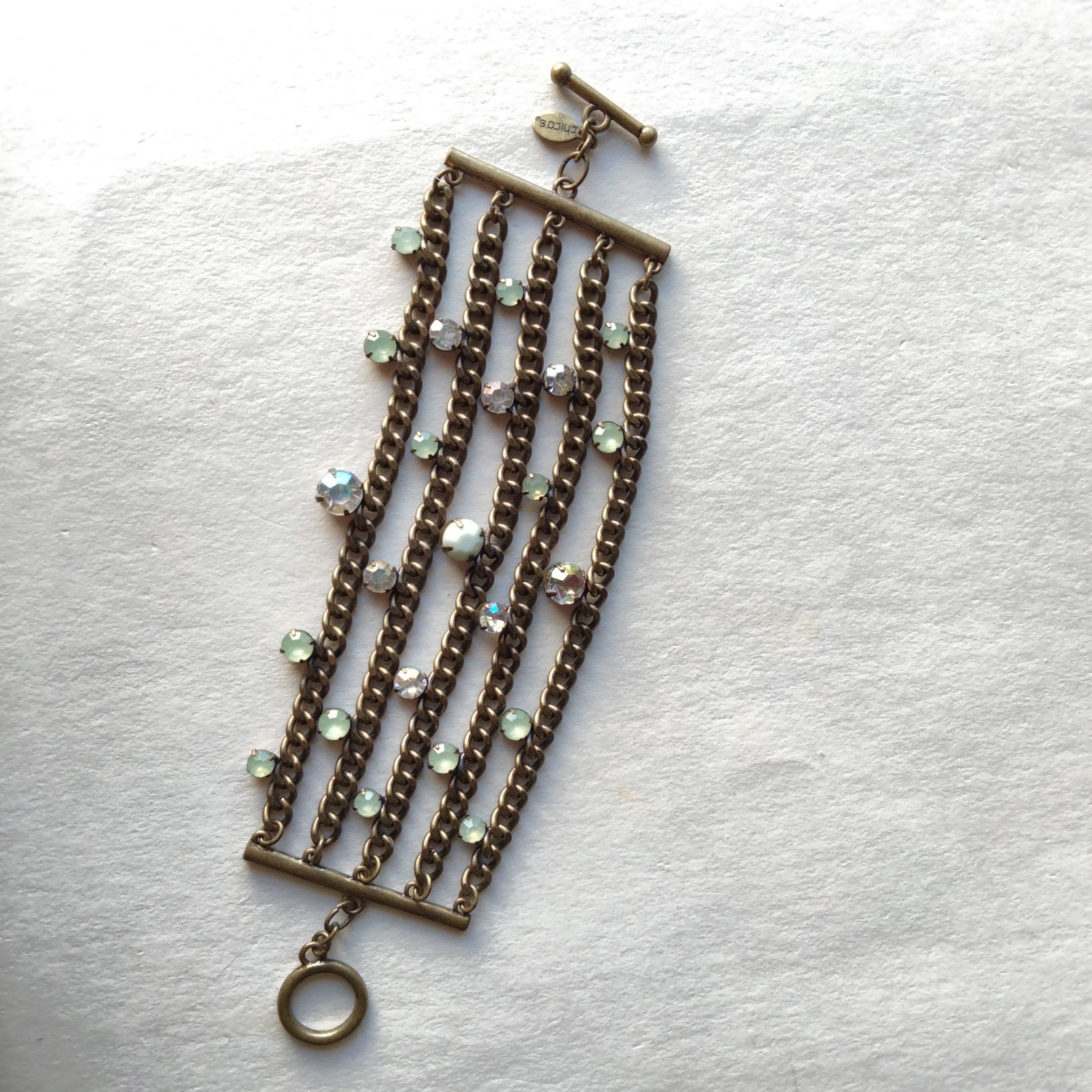Chico’s Vtg Bronze Tone Green & AB Rhinestone 5 Strand Curb Chain Bracelet Sz 7
