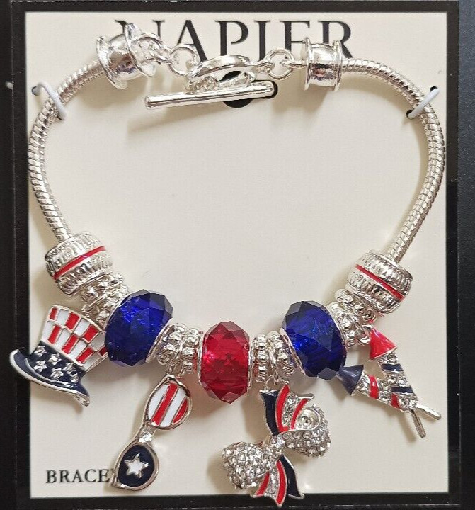 New Napier Silver Tone Red White and Blue America USA Slider Charm Flex Bracelet