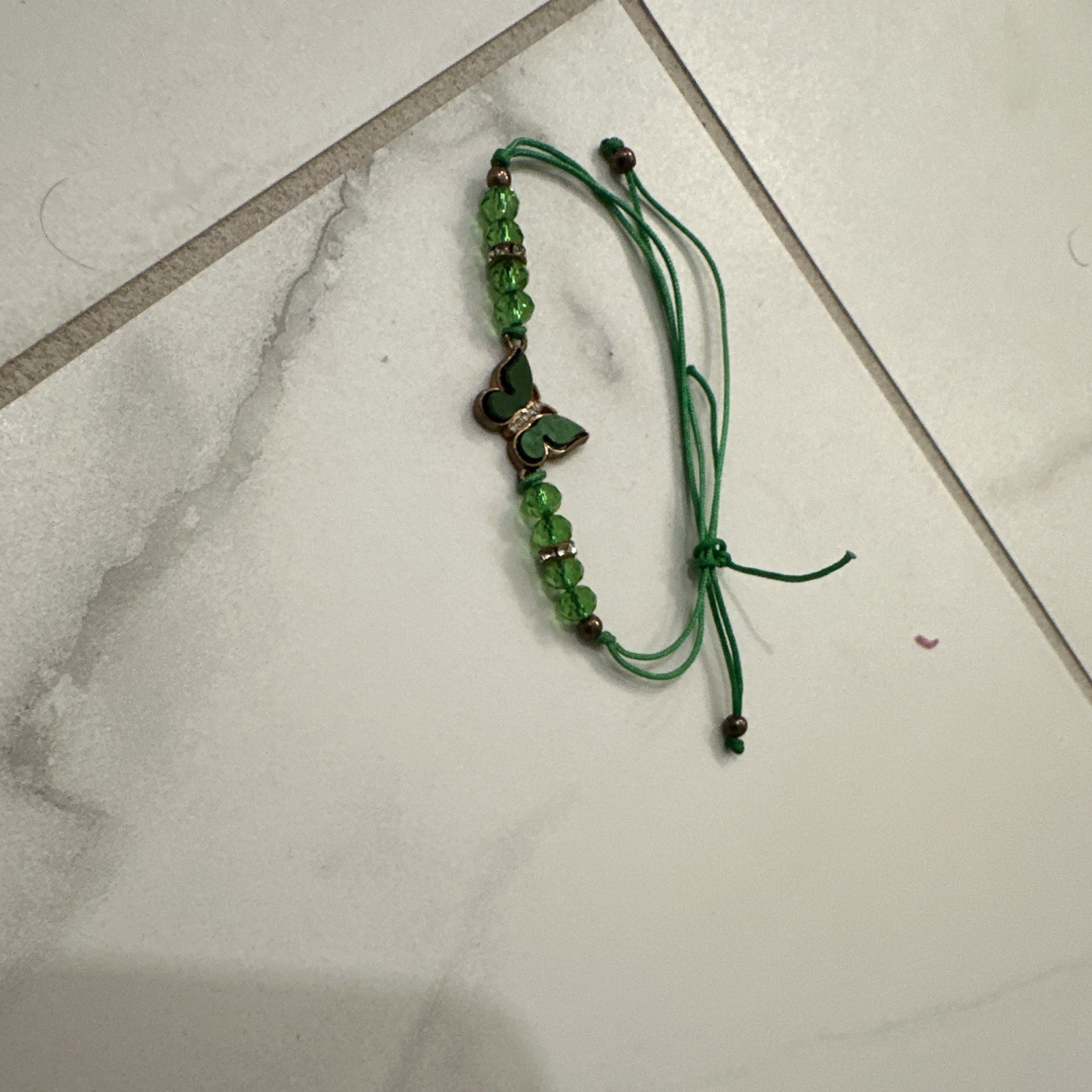 Green Cord & Beaded Adjustable Bracelet with Butterfly Dangle Charm