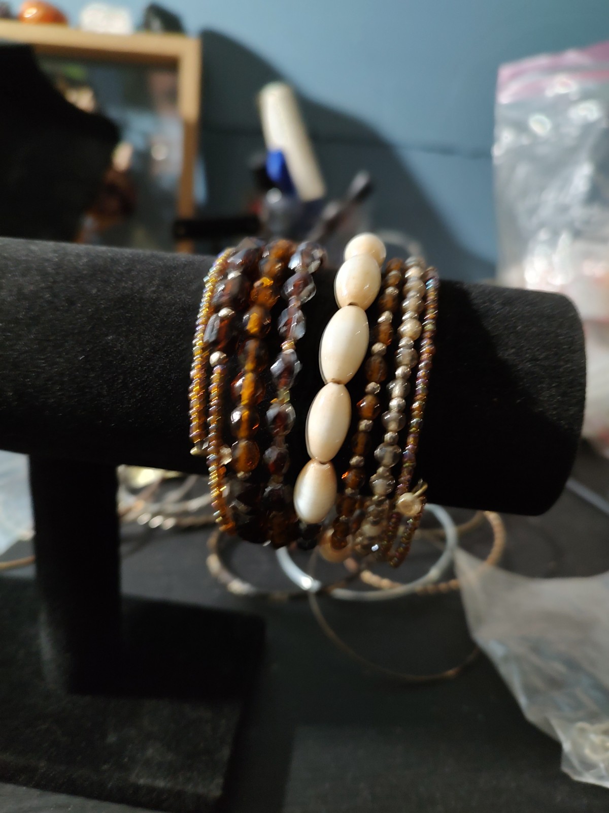 Boho Brown Ivory Gold Round Beaded Wrap Bracelet, Adjustable, Ball/Bead