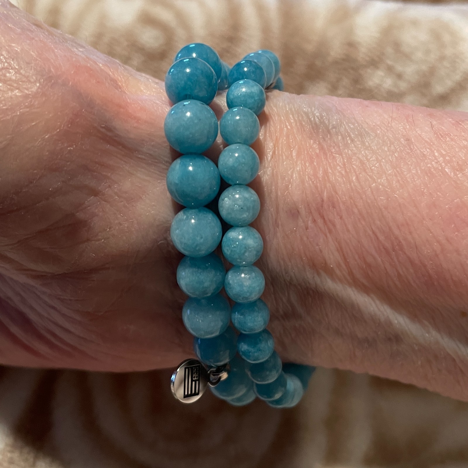 T. Jazelle Silver Charm Aqua Amazonite Stretch Bracelet Set of 2, 6 -7 inch NEW!