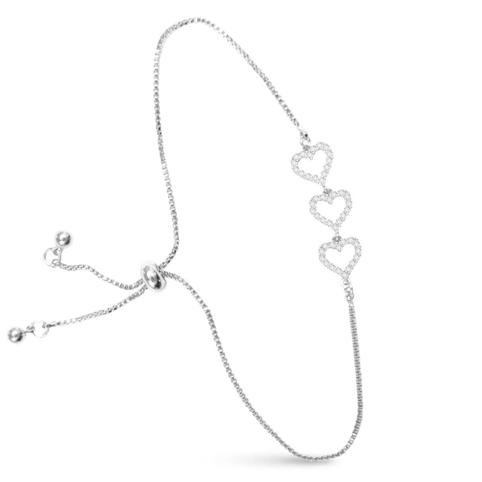 Triple Heart CZ Pull-Cord Bracelet in Silver
