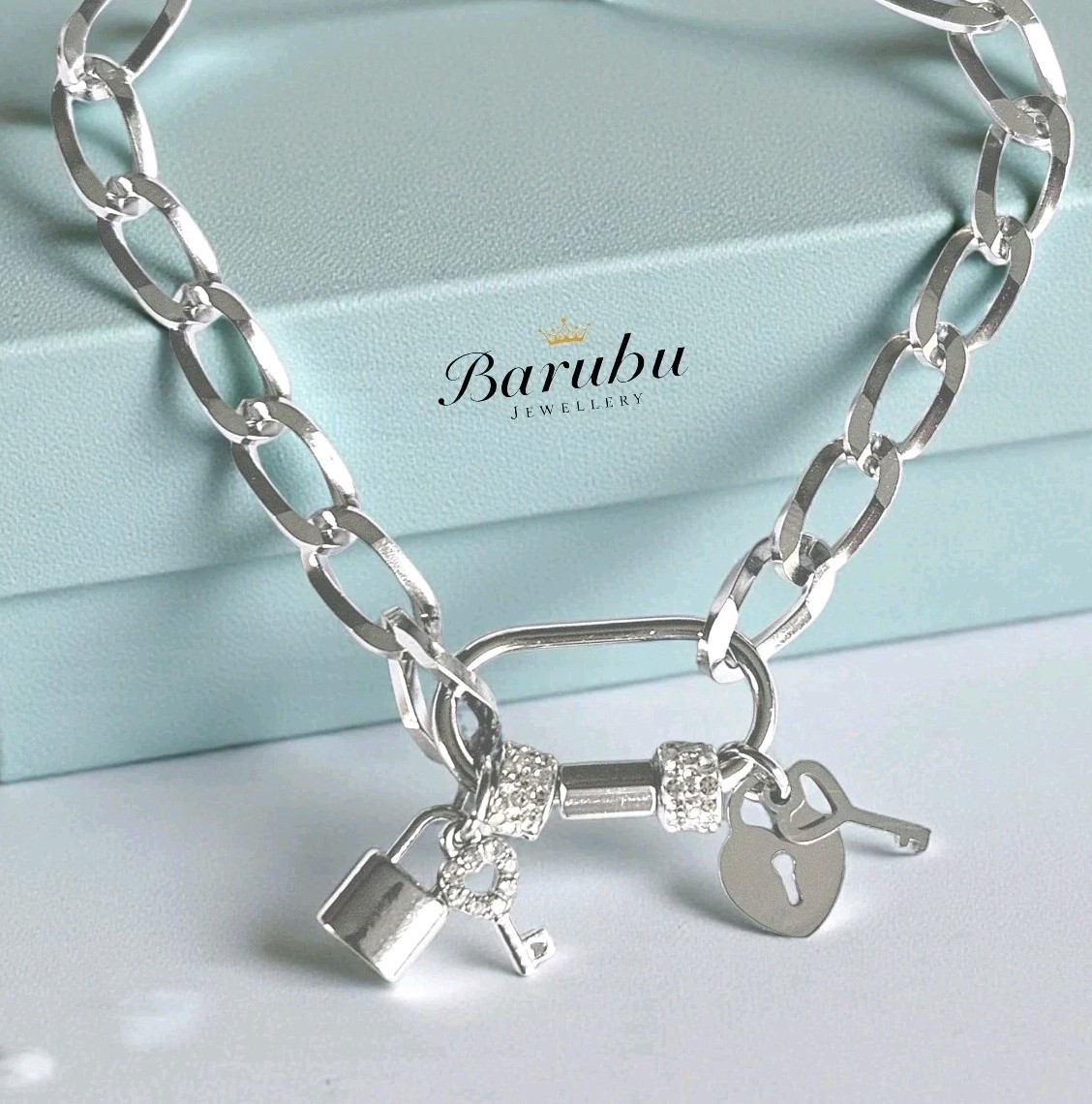 Silver Padlock & Key Bracelet, Adjustable Charm Carabiner Bracelets For Women