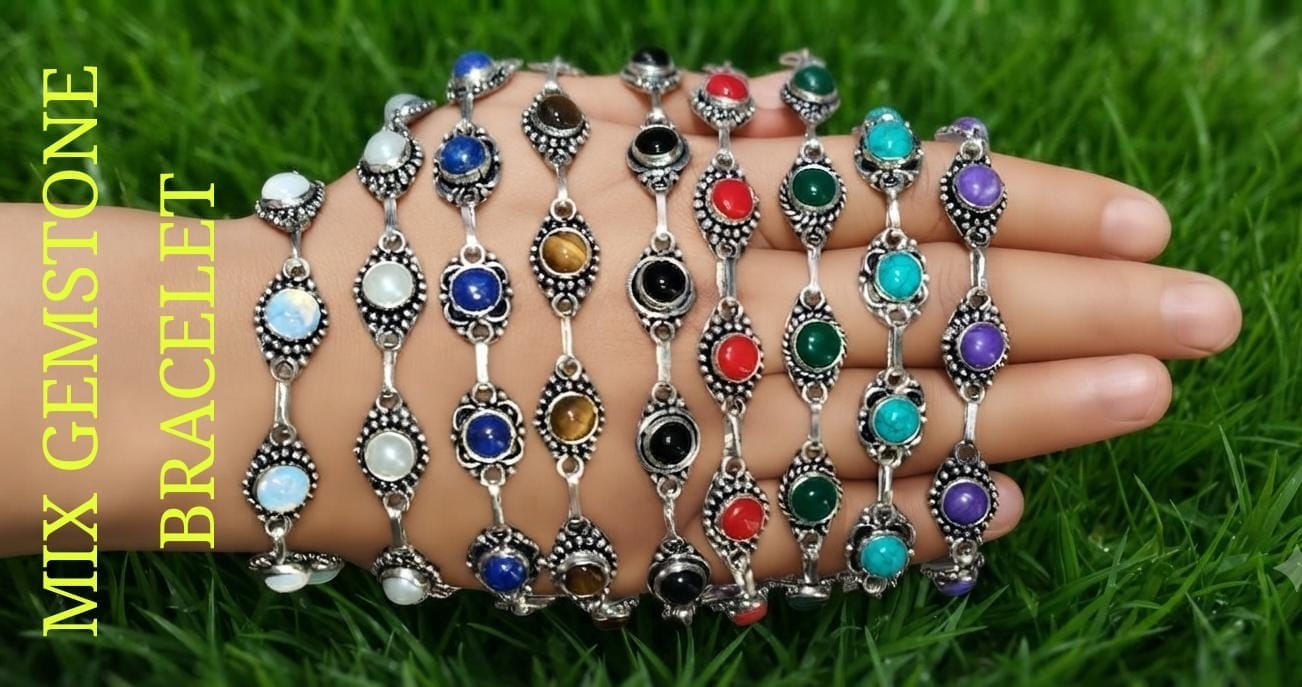 Handmade Sterling Silver Plated Multi And Mix Gemstone Bracelet Boho Style Whole