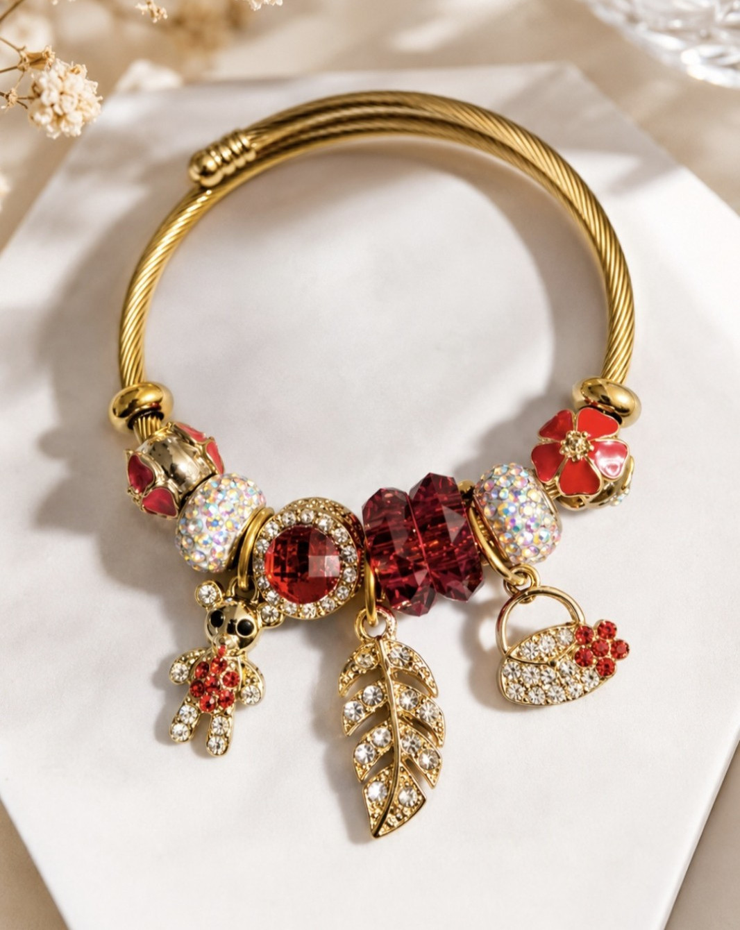 Gold Tone Charm Bangle Bracelet w/ Red & Clear Round Crystal Heart Leaf Dangles