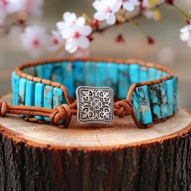 Turquoise Tube Bracelet Leather Natural Braided for Protection Healing Handmade