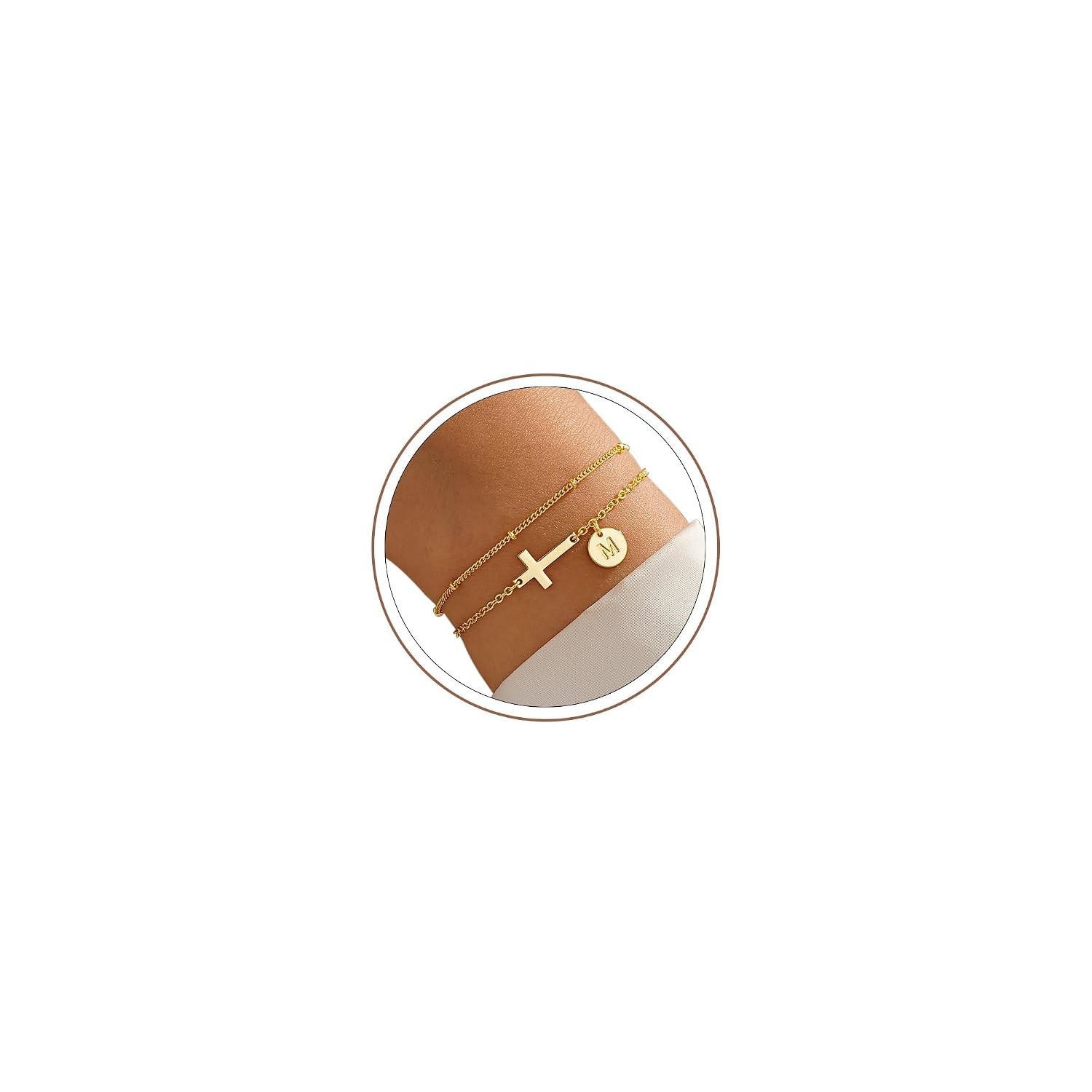 M MOOHAM Initial Cross Bracelets for Women Teen Girls – 14K-Gold-Plated Dainty L