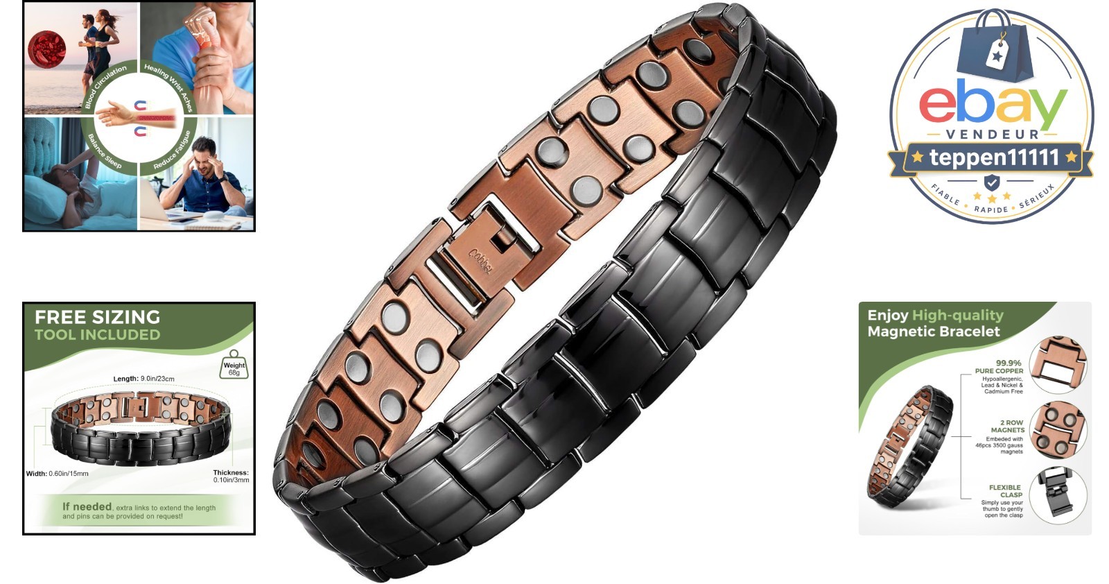 Mens Magnetic Bracelet, 99.9% Pure Copper, Adjustable Size, 8.5 Inch