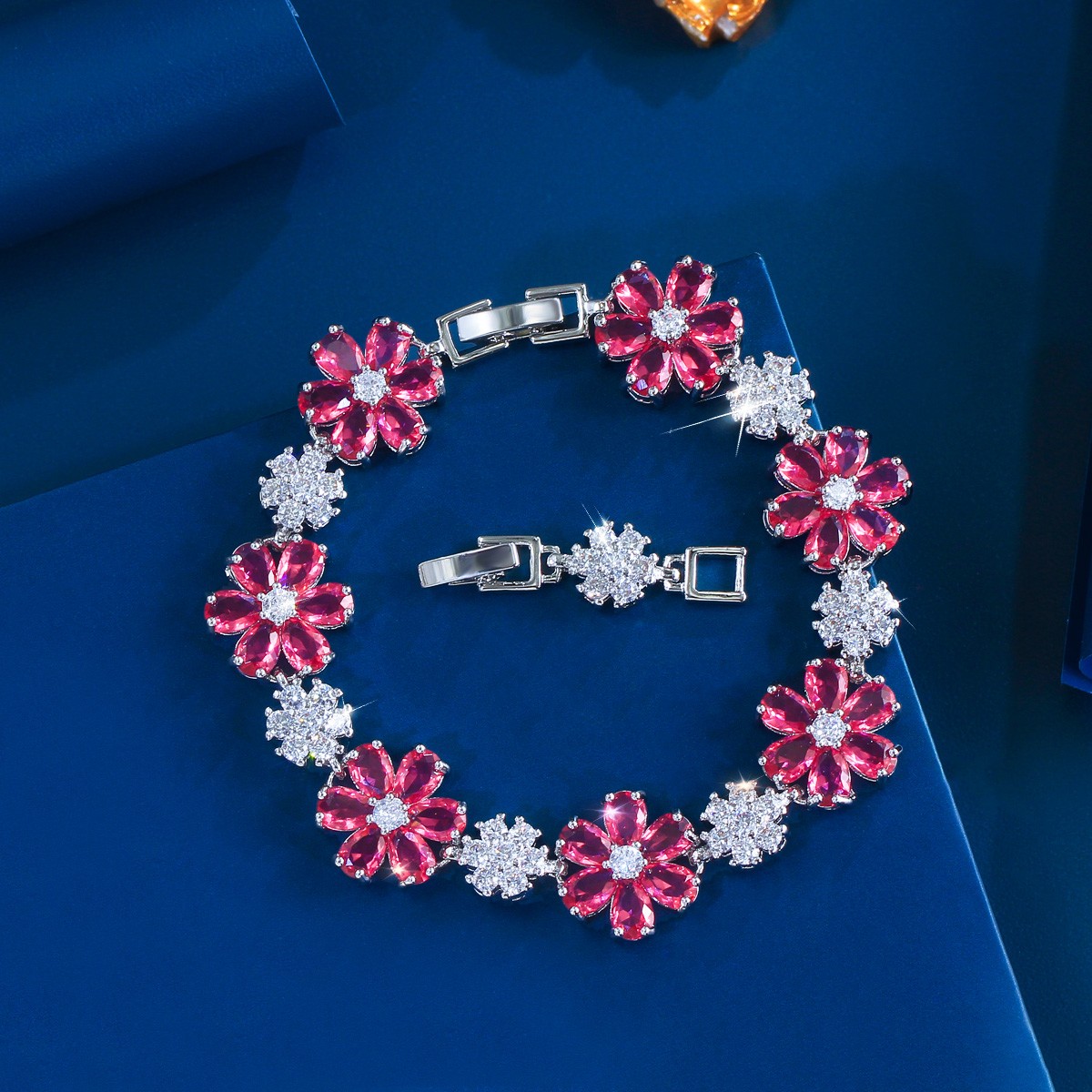 Sparkly Yellow Gold Plated Cubic Zirconia Flower Tennis Bracelet for Women Party