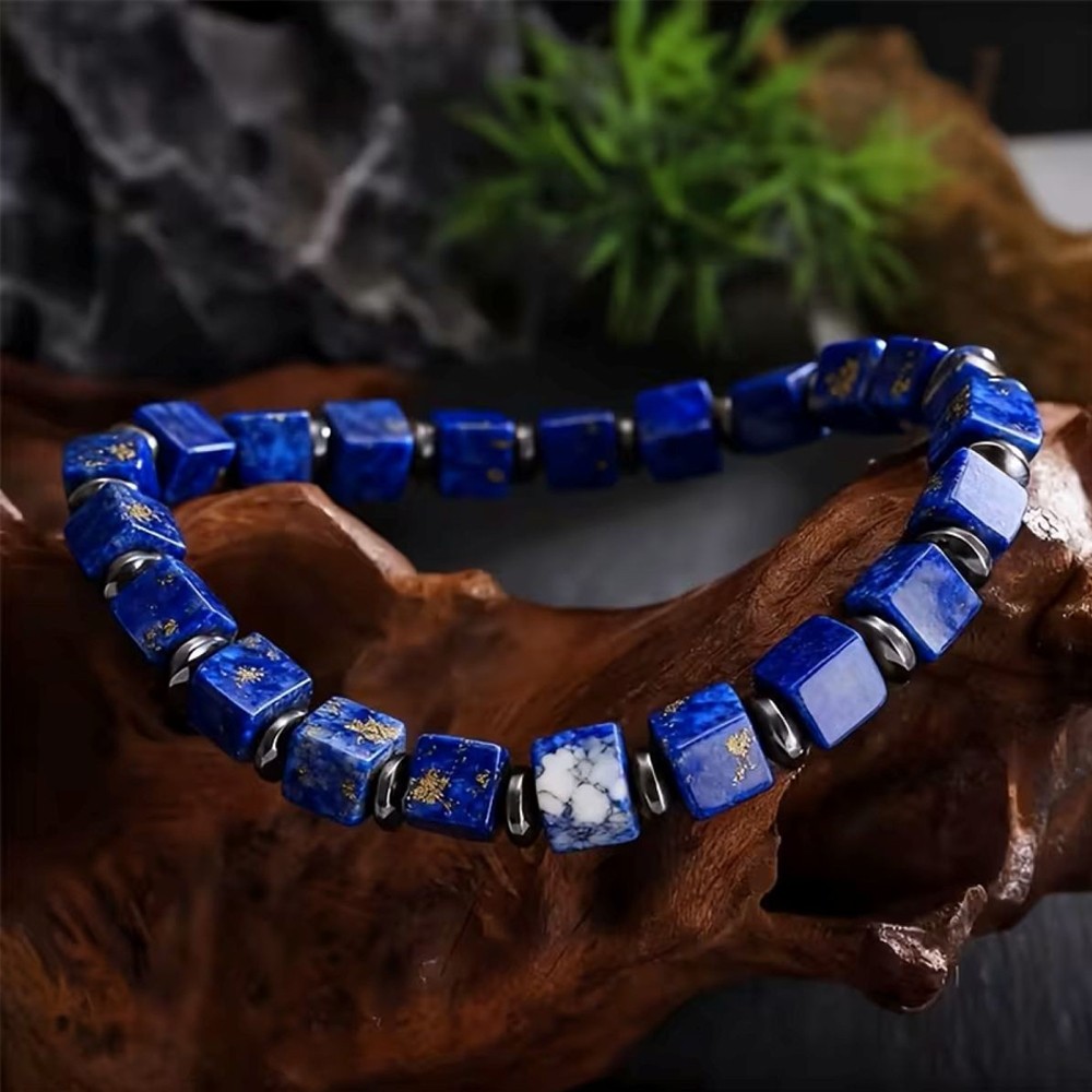 Lapis Lazuli Stretch Bracelet 6mm Square Healing Crystal Gemstone Men’s Jewelry