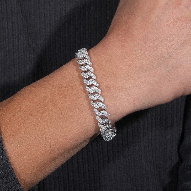 MOISSANITE Real Miami Cuban Link Prong Bracelet Iced Solid 925 Sterling Silver