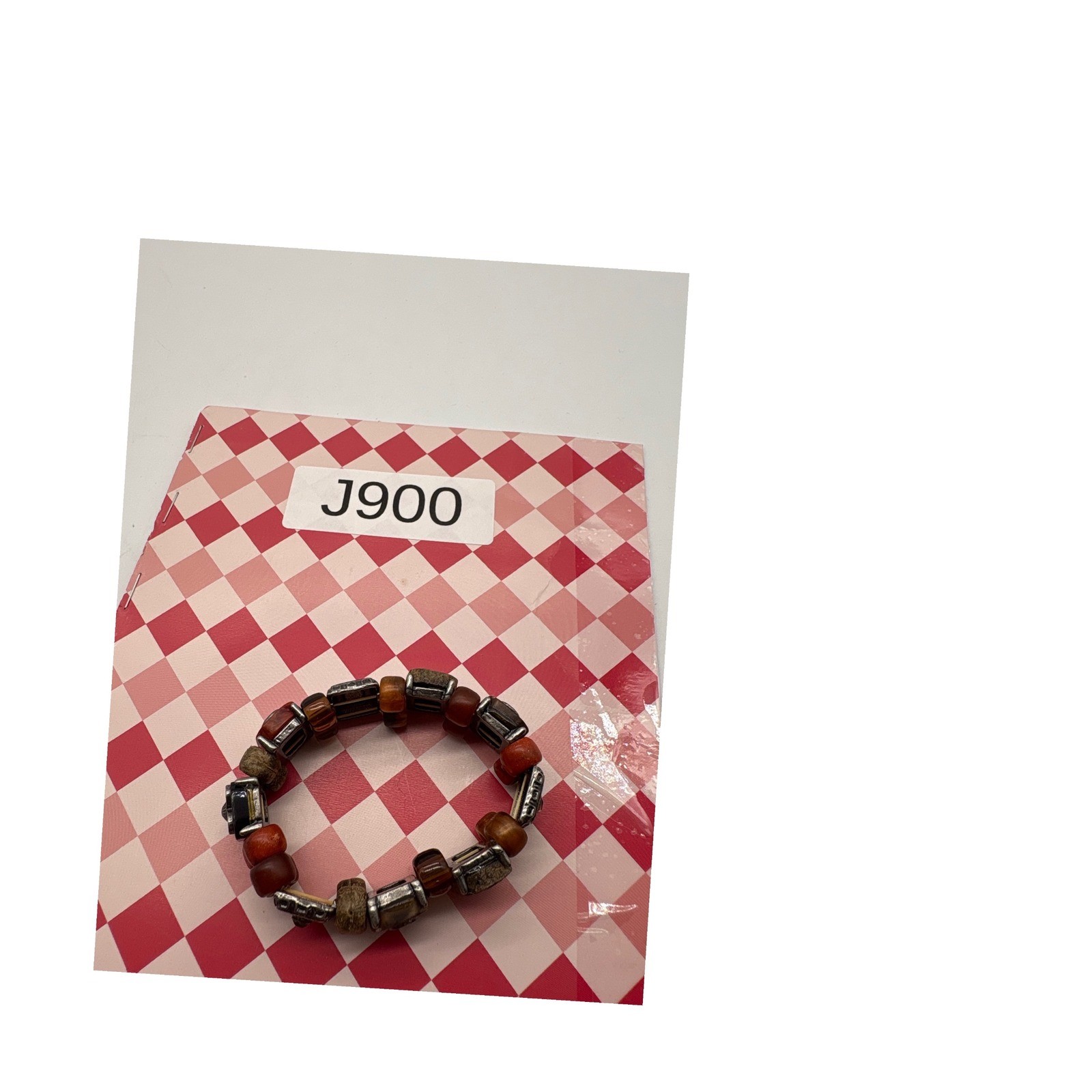 Bohemian Mixed Media Stretch Bracelet Silver Cameo Wood Resin Beads Brown Orange