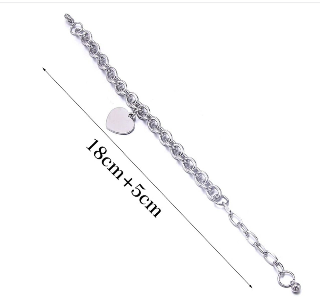 Stainless Steel heart charm bracelet 18 cm(7.09 in) plus 5 cm(2 in) ext