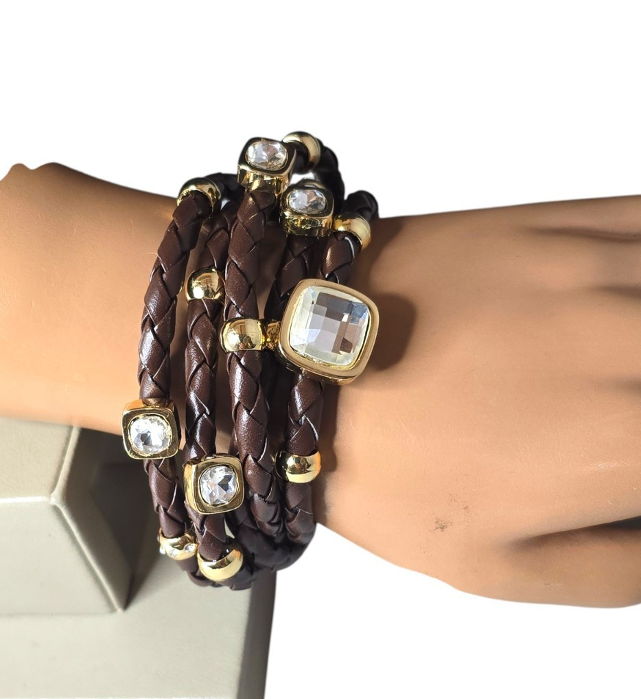Women’s Trendy Brown Faux Leather Multi Layered Resin Gold Plated Bracelet