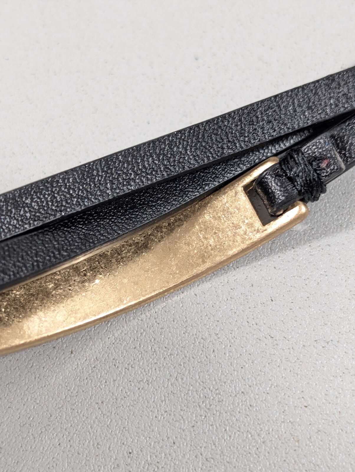 Gold Tone Matte Three Row Faux Black Leather Magnetic Bracelet 7 in Boho Western