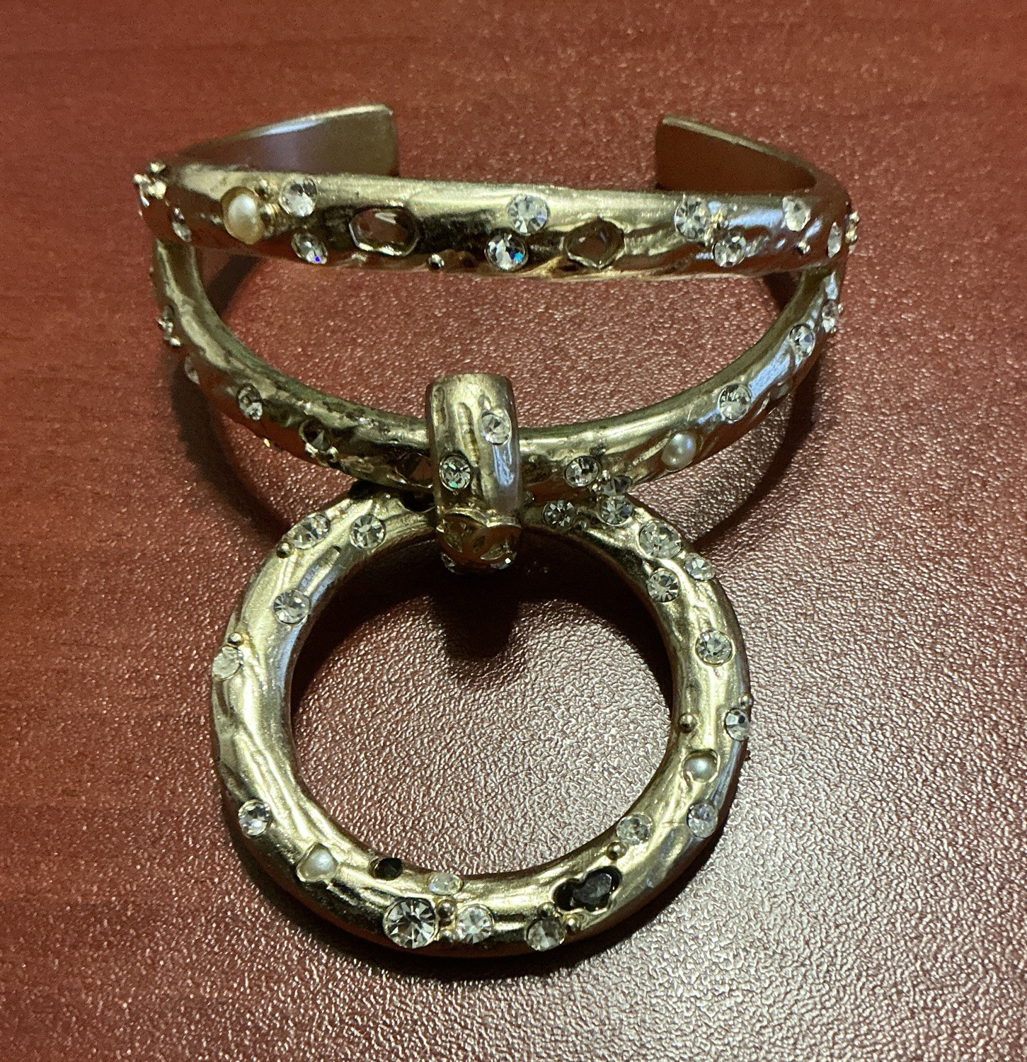 Gold Tone Cuff Bracelet Round Circle Dangle Charm Clear Round Crystal Pavé