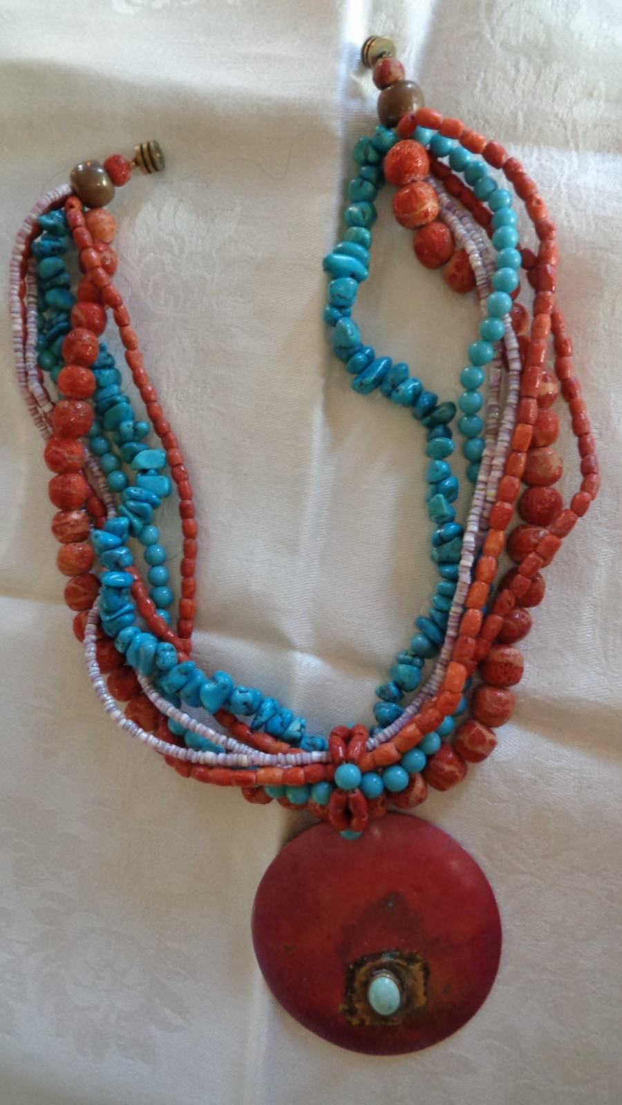 Bohemian Large Turquoise and Coral Necklace modern artisan style