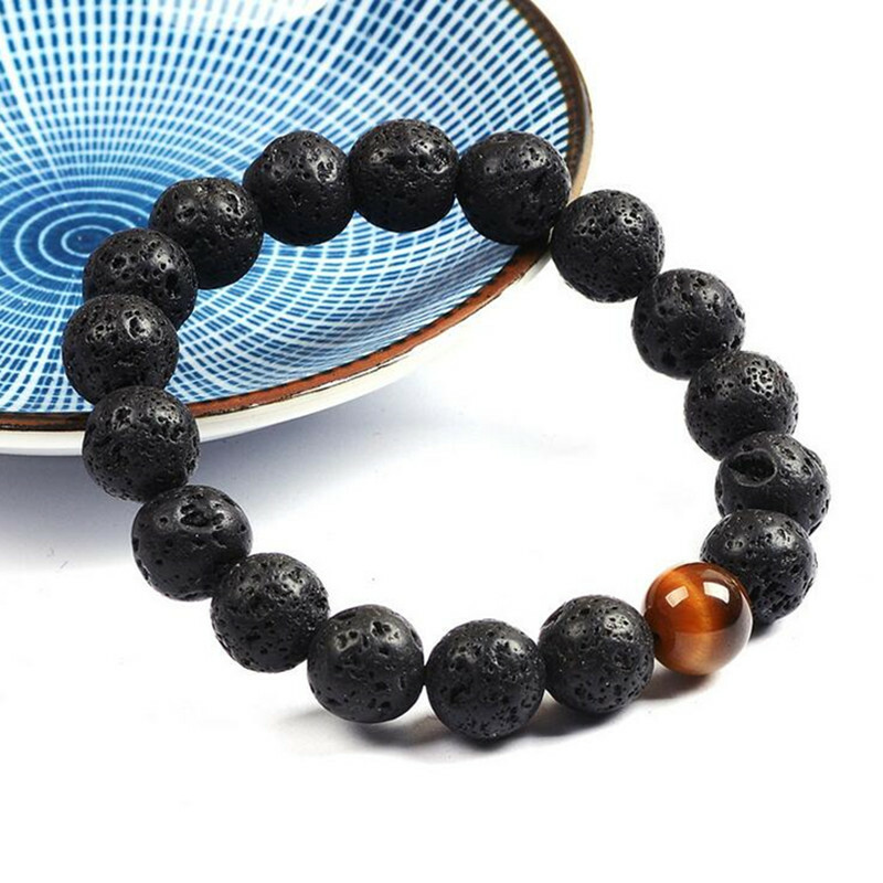Natural Lava Stone Tiger Eye Lava Beaded Healing Energy Wrist Bracelet Men Women