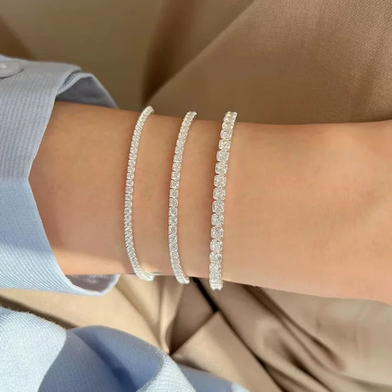 925 Sterling Silver Zircon Chain Bracelet Women Round Link Fine Classic Jewelry