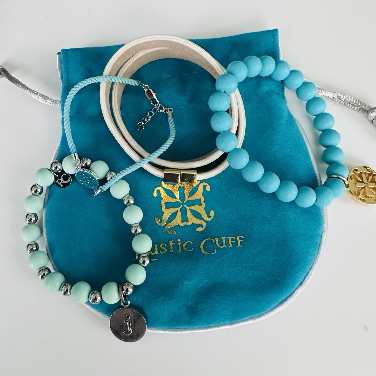 Rustic Cuff Bracelet Stack Coastal Ocean Blue Mint White Beaded Cuff Logo