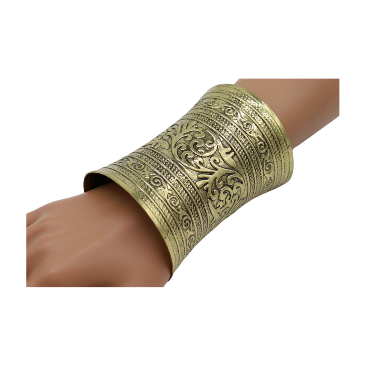 Women Antique Gold Color Extra Long Metal Roman Cuff Bracelet Filigree Halloween