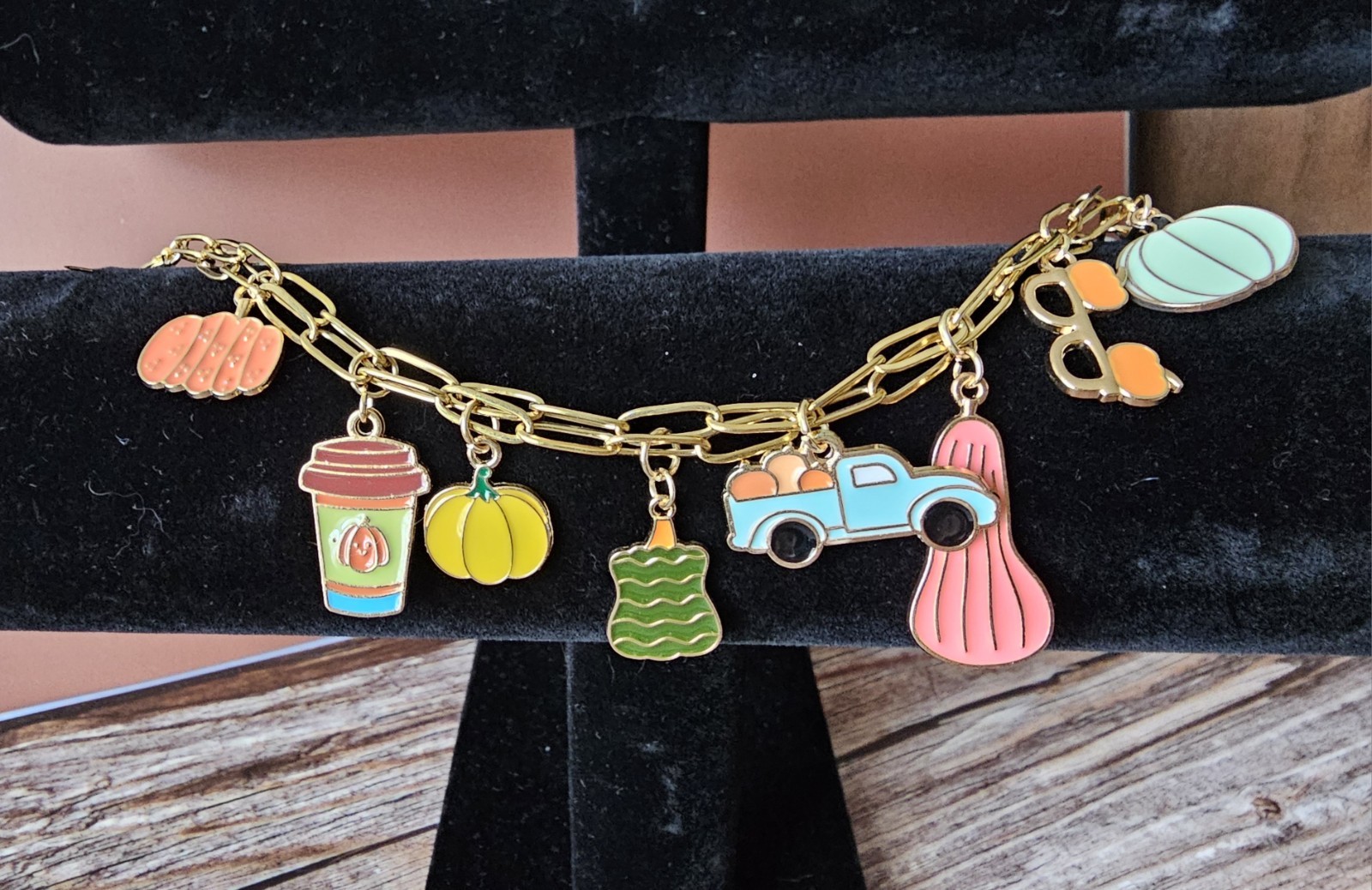Fall Charms On Gold Double Paperclip Chain Bracelet 7″ *Adjustable* Lobster Hook