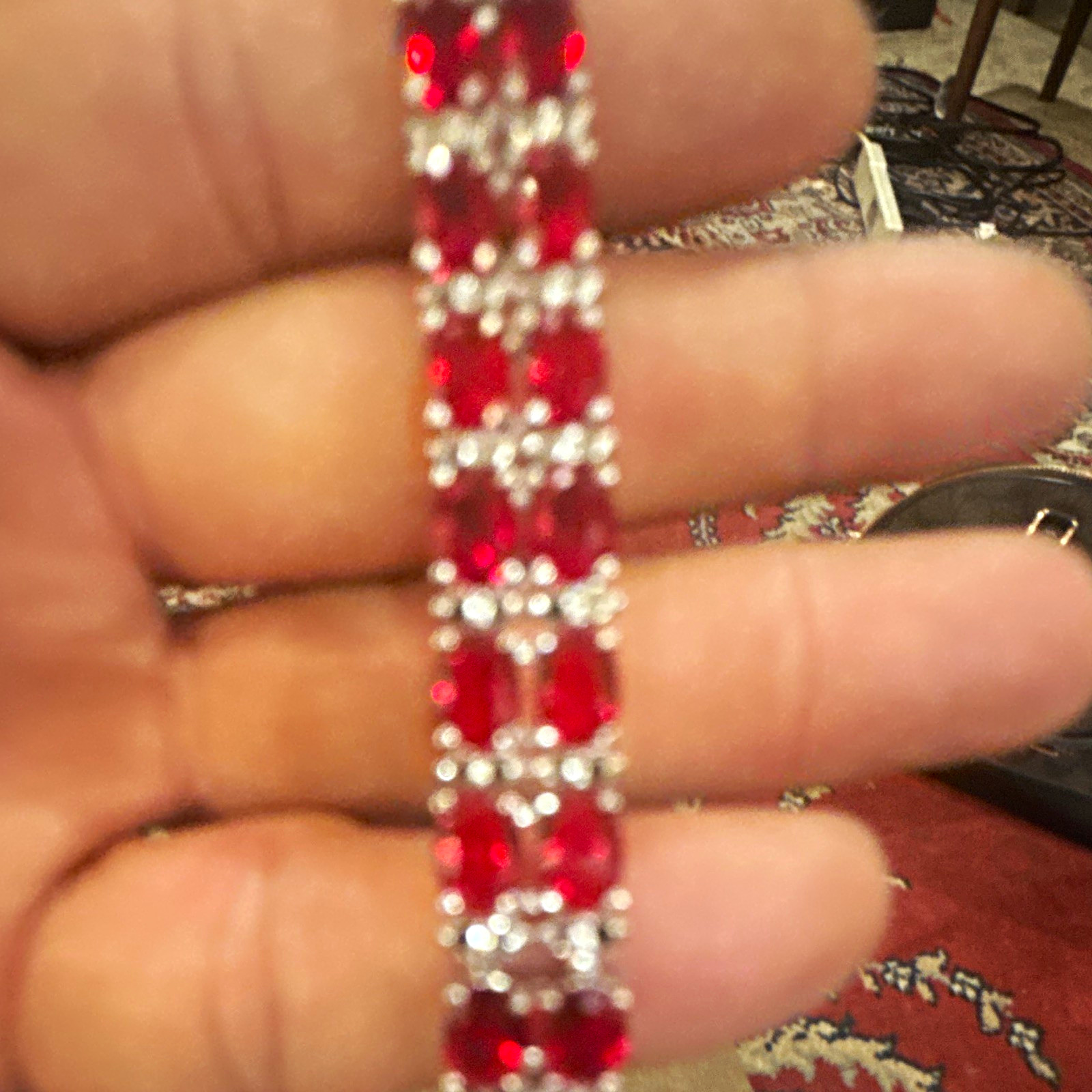 18k white, gold, plated Red Oval Ruby Tennis Link Bracelet Prong Box Clasp