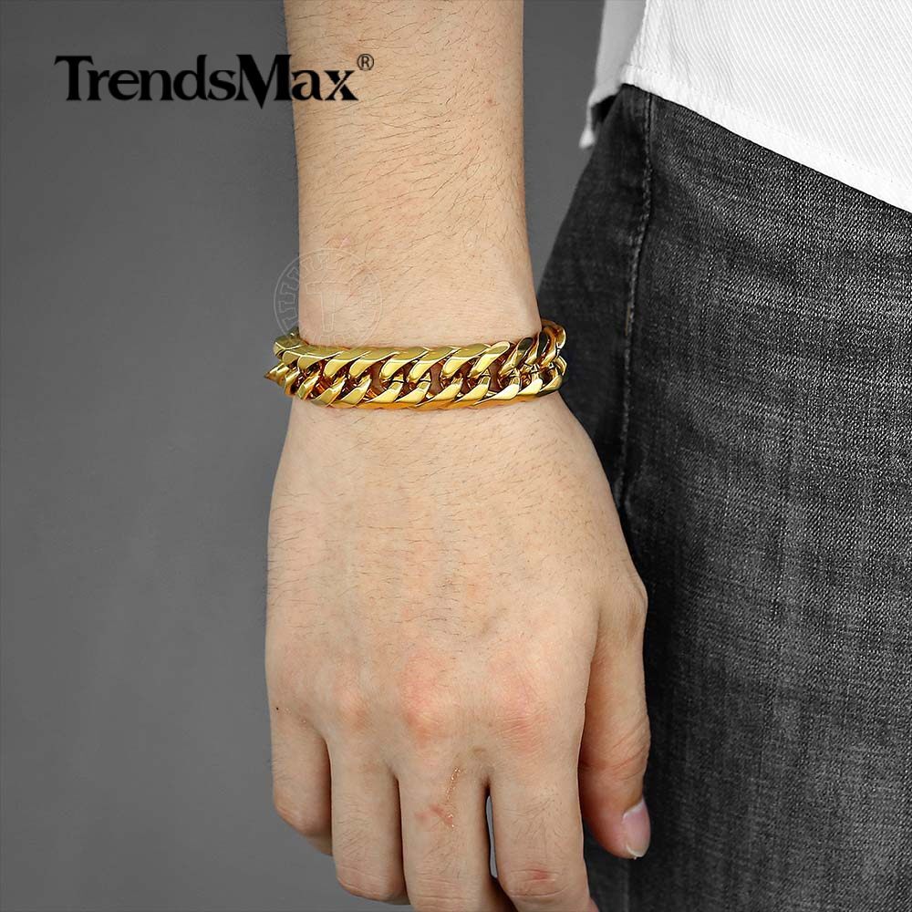 15mm Men Chain 316L Stainless Steel Gold Plated Curb Cuban Link Bracelet 8/9/10″