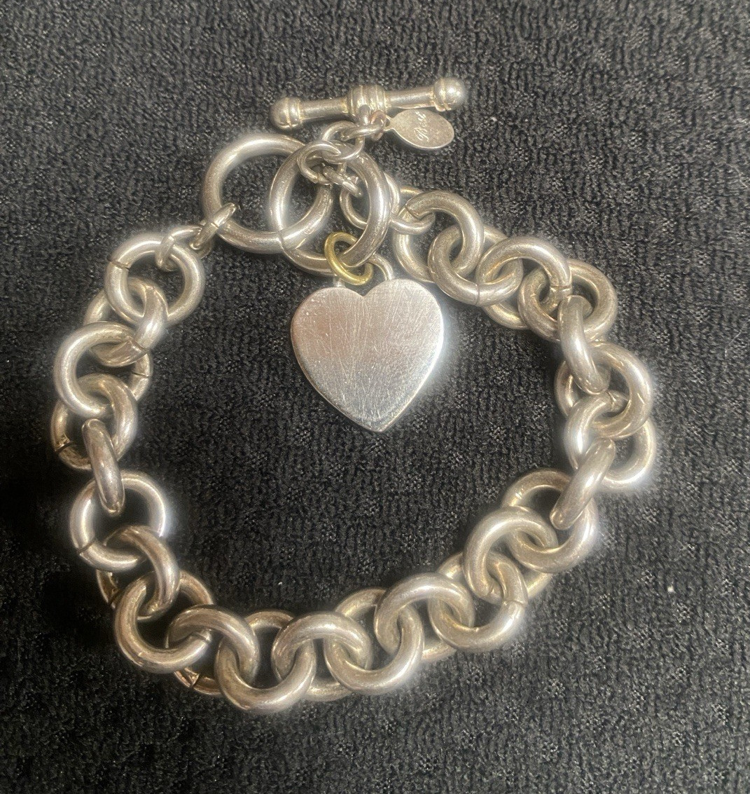 Best Silver Tone Rolo Chain Heart Dangle Charm Bracelet 10” Toggle Clasp